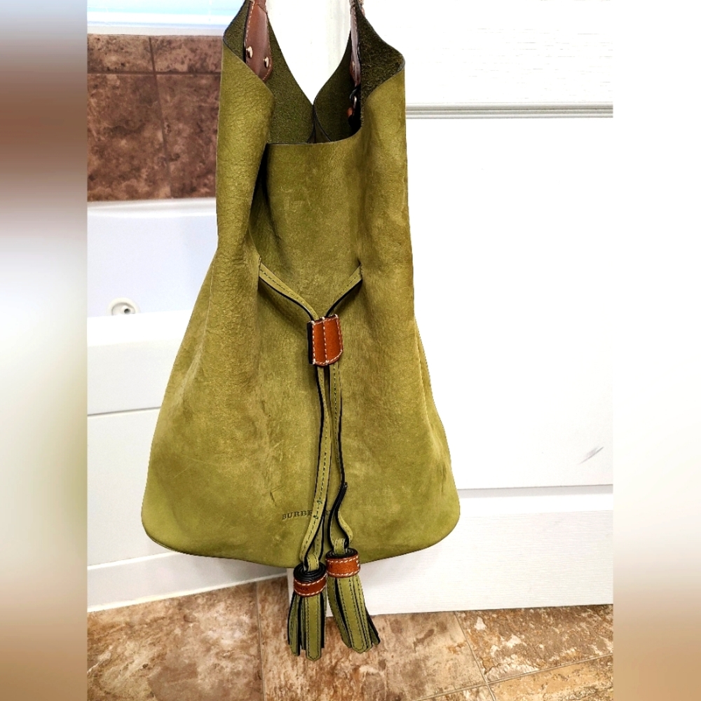 Burberry Olive Green Suede Drawstring Shoulder Bag with Tassels
